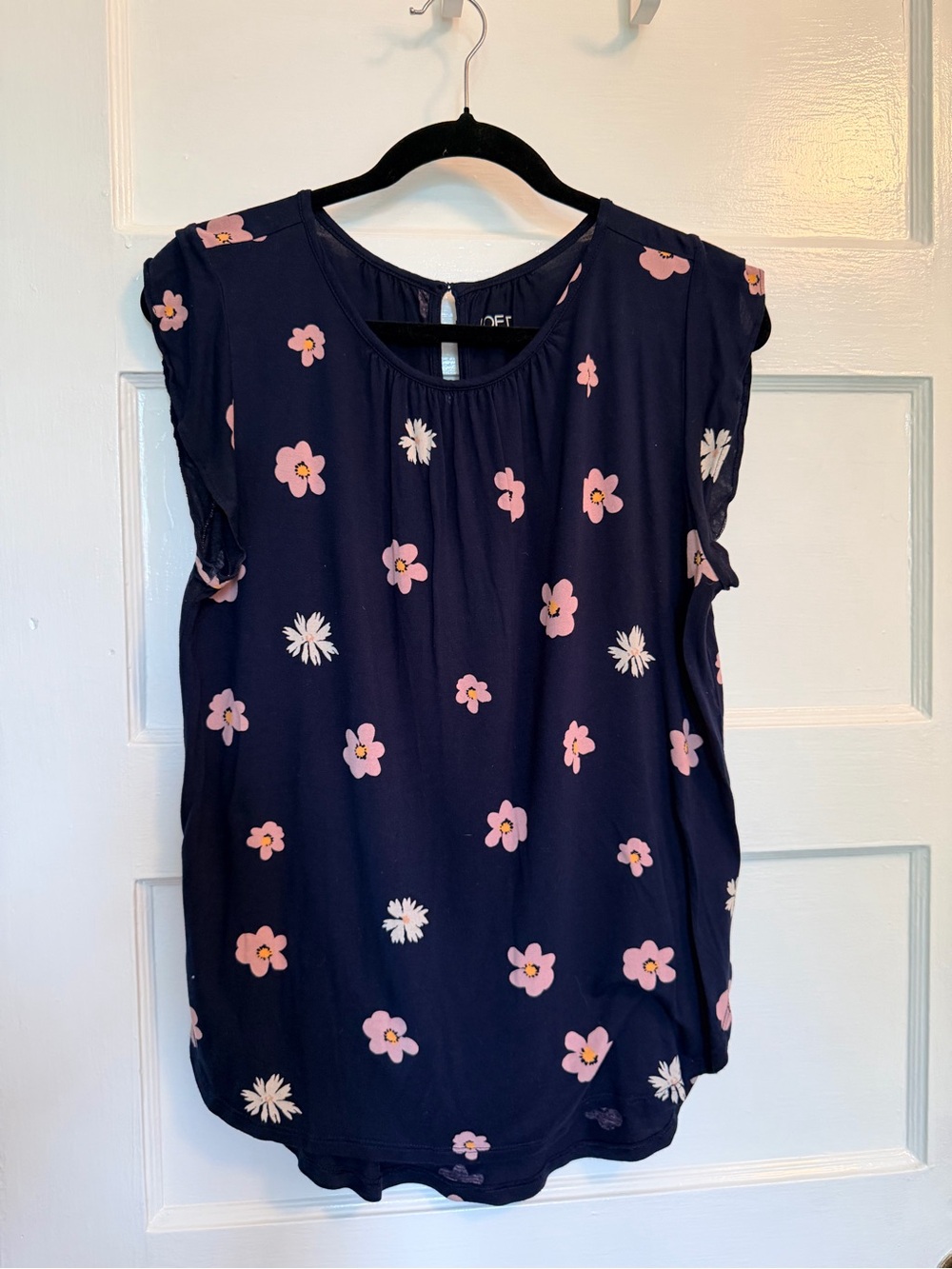 LOFT Navy Floral Cap-Sleeve Blouse with Pink Flowers